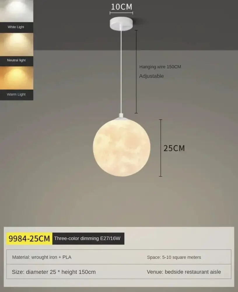DecorBites led moon planet ceiling chandelier with spherical warm glowing surface and adjustable white hanging wire