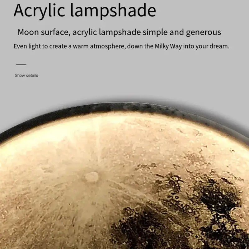 Acrylic lampshade wall lamp with realistic moon surface design in warm golden tones by DecorBites led moon