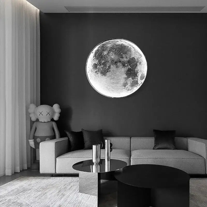 Decorbites led moon wall lamp featuring a detailed black and white circular moon design with a metallic finish