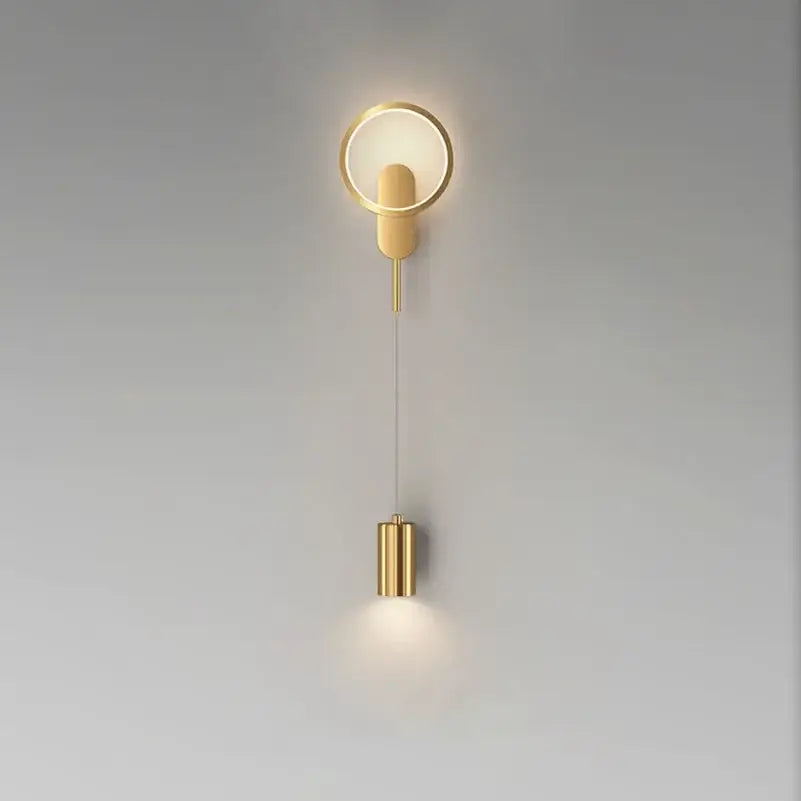 Gold-toned decorbites led moon wall light with circular ring and cylindrical pendant for American style bedroom decor