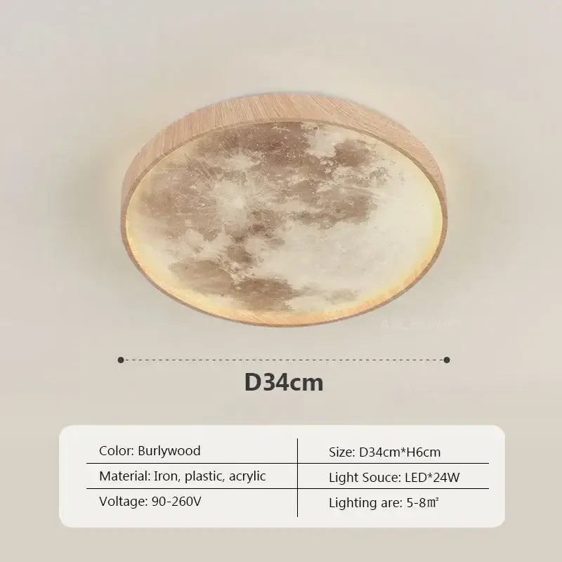 DecorBites led moon wood ceiling light with realistic moon surface and burlywood wooden rim for bedroom and living room
