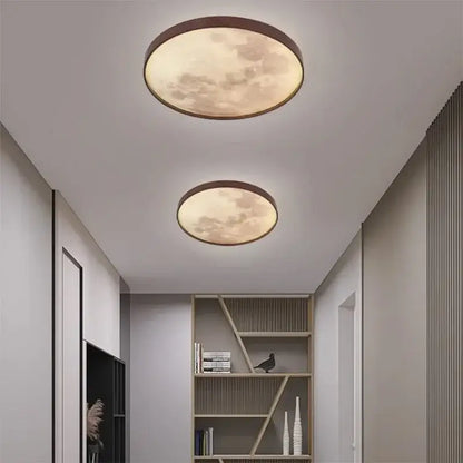 Circular decorbites led moon wood ceiling light with warm illuminated moon and cloud design in walnut frame for home decor