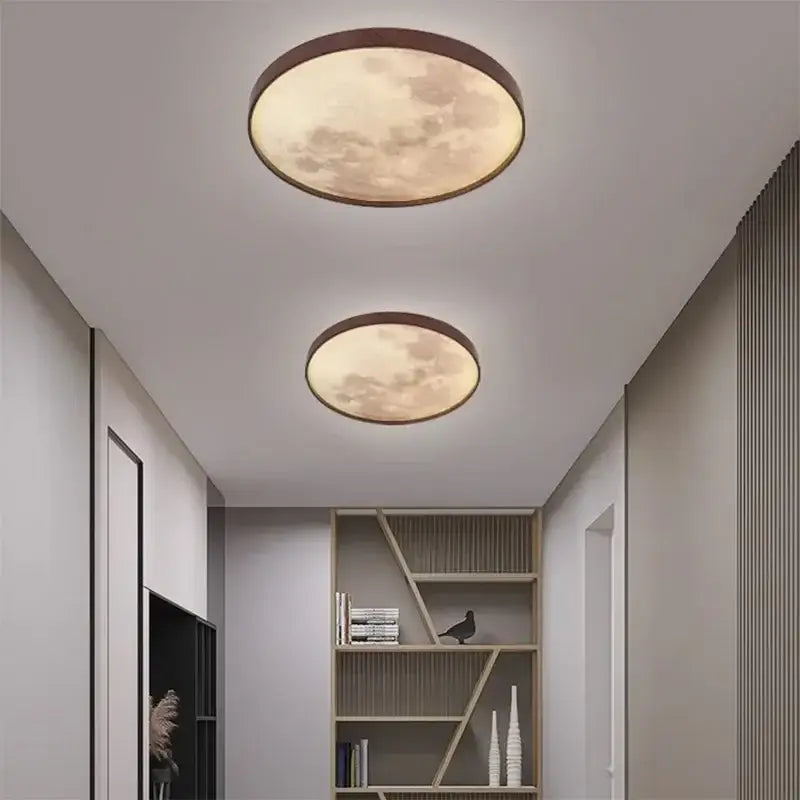 Circular decorbites led moon wood ceiling light with warm illuminated moon and cloud design in walnut frame for home decor