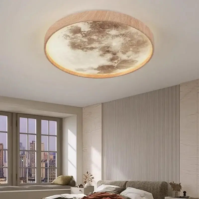 Circular decorbites led moon wood ceiling light with wooden walnut frame and glowing cratered surface in warm beige and gold tones