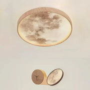 Circular decorbites led moon wood ceiling light with walnut frame and matching lunar motif wall clock for home decor