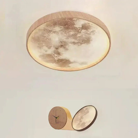 Circular decorbites led moon wood ceiling light with walnut frame and matching lunar motif wall clock for home decor