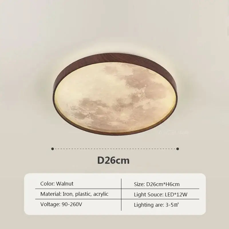 Circular decorbites led moon ceiling light with walnut wood frame and acrylic moon surface panel for home illumination
