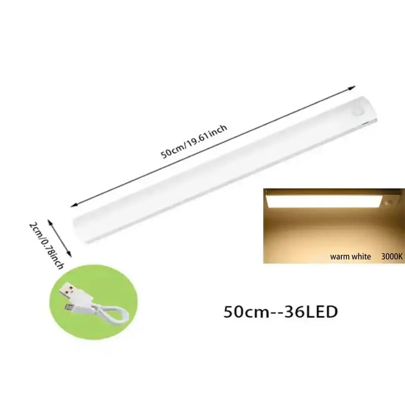 A sleek white 50cm decorbites led motion sensor cabinet light with warm white dimmable rechargeable illumination
