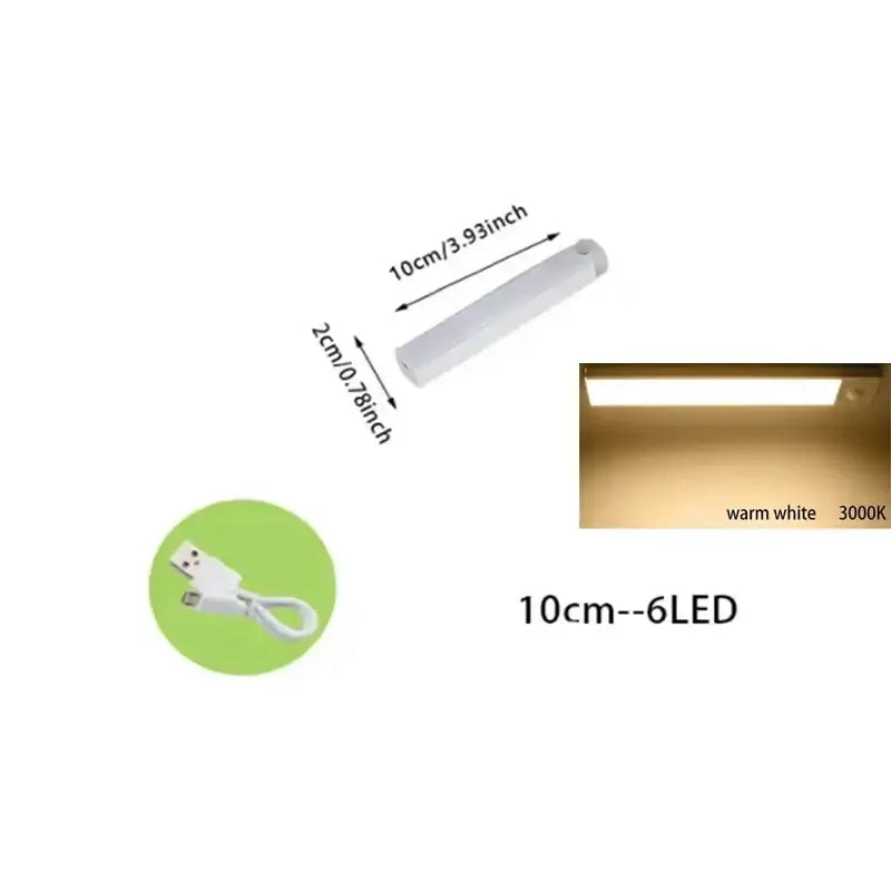 White slim 10cm decorbites led motion sensor cabinet light strip with six warm white leds and dimmable rechargeable nightlight