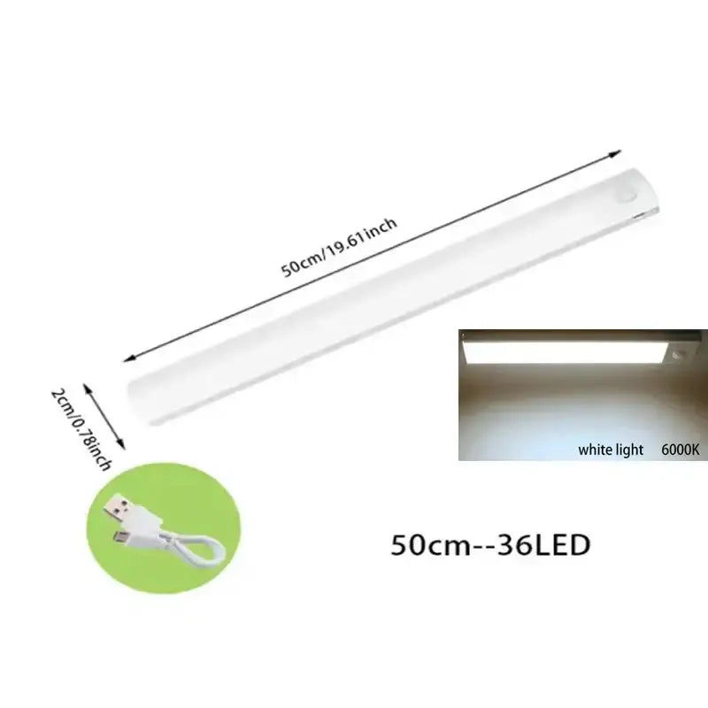 A sleek white decorbites led motion sensor cabinet light with a dimmable 50cm led strip and usb-c charging cable