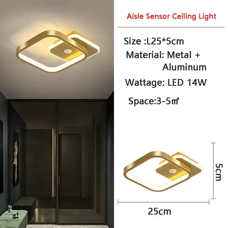 Gold-finished metal and aluminum decorbites led motion sensor ceiling lamp with modern square design for indoor use
