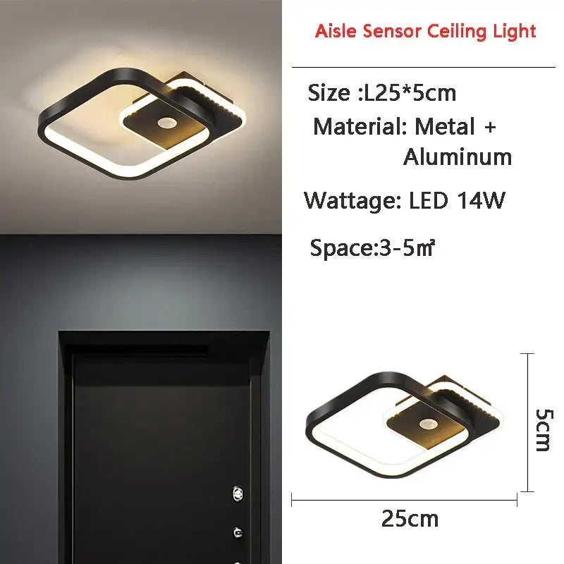 Black square DecorBites LED motion sensor ceiling lamp with LED ring made of metal and aluminum for indoor use