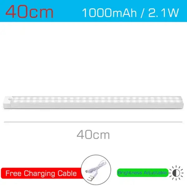 A sleek 40cm white decorbites led motion sensor light bar with adjustable brightness usb rechargeable handheld lamp