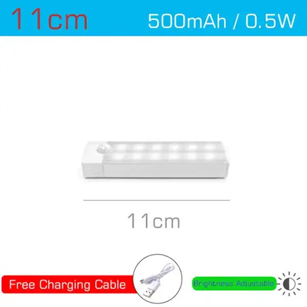 White rectangular DecorBites LED motion sensor light bar with 10 bright LEDs and USB rechargeable handheld lamp measuring 11cm