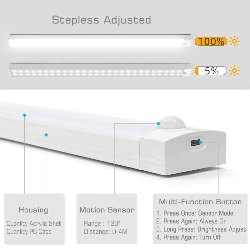 White stepless adjustable decorbites led motion sensor light bar with multi-function button and usb rechargeable design