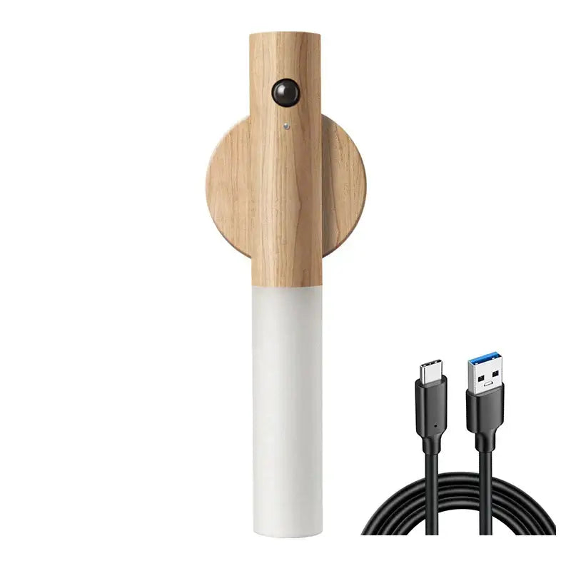 Wooden and white cylindrical DecorBites LED motion sensor night light with circular wooden base for bedroom closet