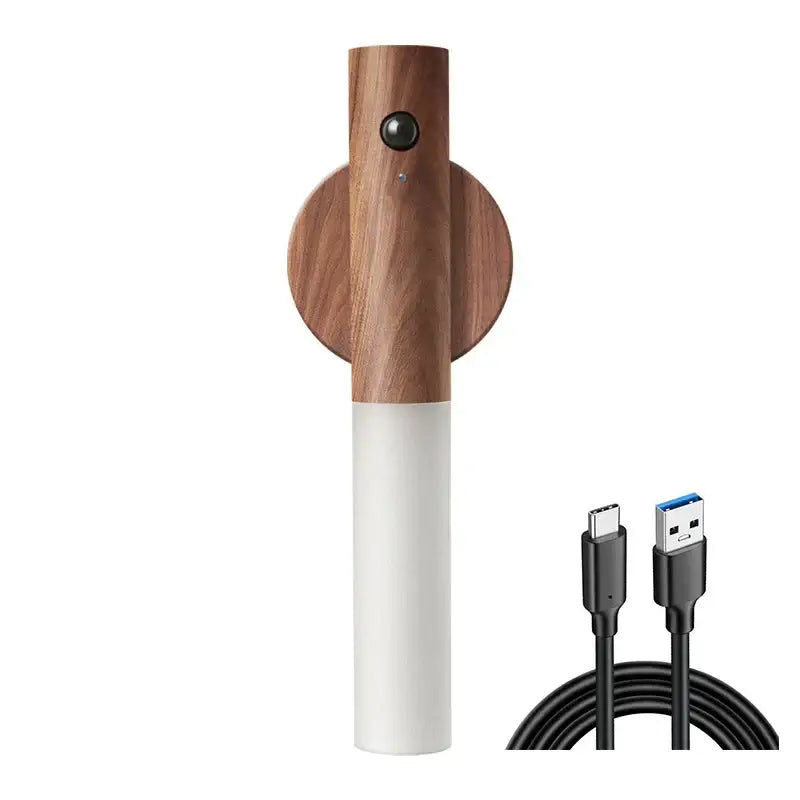 Wooden and white cylindrical decorbites led motion sensor night light with circular wooden base for bedroom closet use