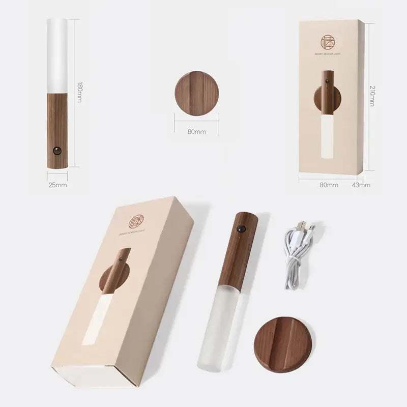 Decorbites led motion sensor night light with sleek wood finish handle and translucent glass for bedroom closet use