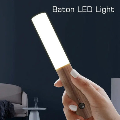 DecorBites led motion sensor night light baton with warm wooden handle and bright white illuminated bar for bedroom closet