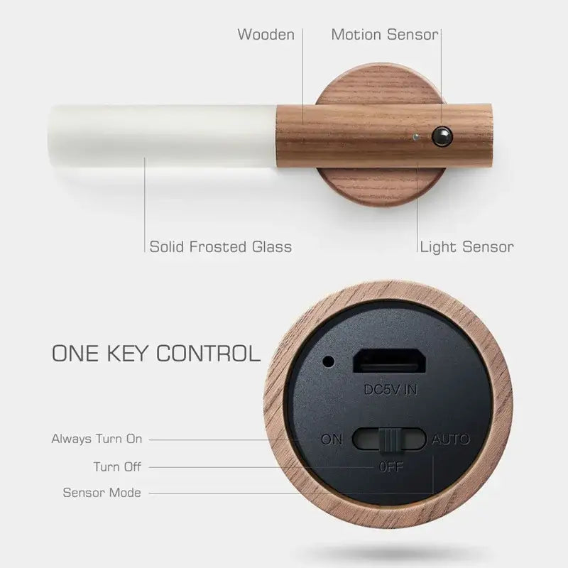 A sleek decorbites led motion sensor night light with wooden base and frosted glass diffuser for bedroom closet