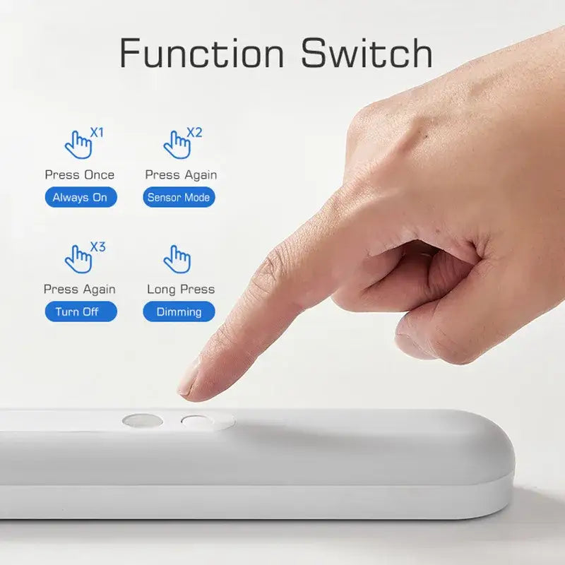 White rectangular DecorBites™ rechargeable motion sensor light strip with tactile buttons for brightness and sensor modes