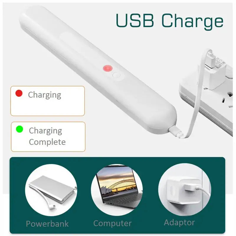 White usb charging stick with red and green lights for decorbites motion sensor light charging status indicator