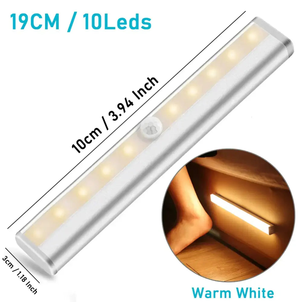 Silver-colored decorbites led motion sensor night light with ten warm white leds for cabinets and bedrooms