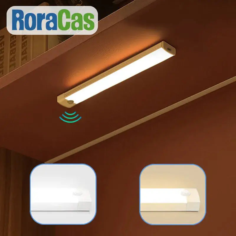 DecorBites™ LED motion sensor night light by Roracas features a sleek white rectangular bar with warm glow