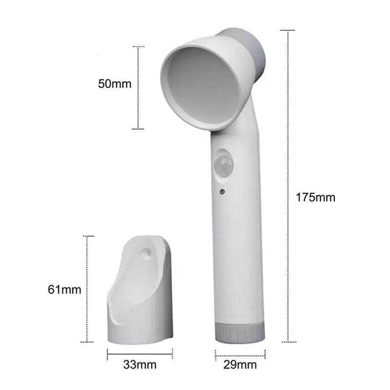 White and gray handheld urinal cleaner with cylindrical handle and sensor button for decorbites led motion sensor night light