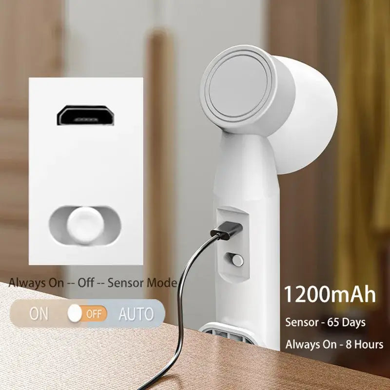 White handheld wireless night light with circular motion sensor head from DecorBites led motion sensor wall lamp