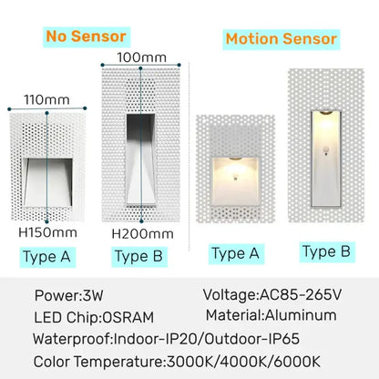 White aluminum recessed DecorBites LED motion sensor wall lamp with perforated panels in type a and b models for indoor outdoor use