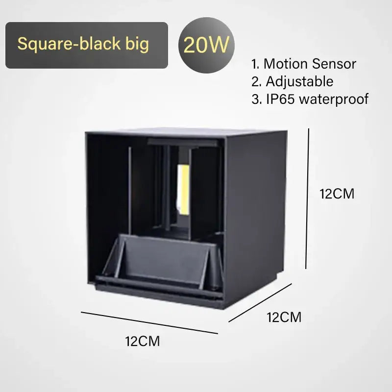 Square black decorbites led motion sensor wall lamp 20w with adjustable brightness for outdoor use