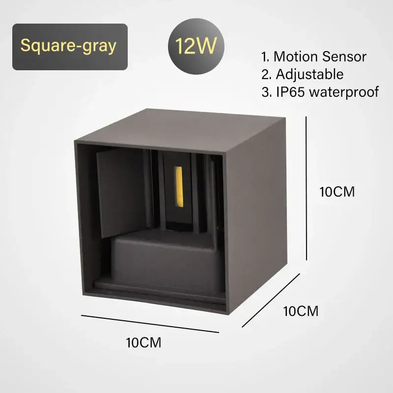 Square-gray decorbites led motion sensor wall lamp with adjustable motion sensor for outdoor use in modern cube design
