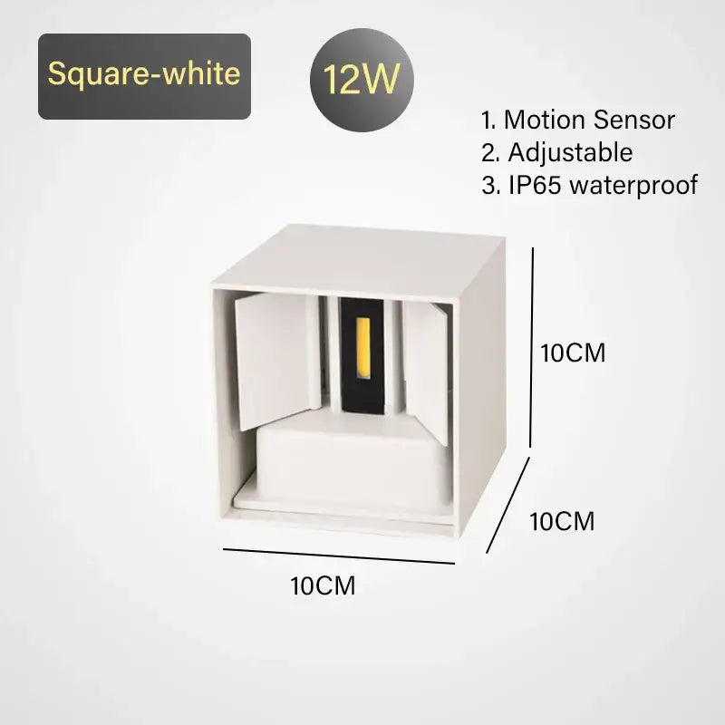 Square white DecorBites led motion sensor wall lamp 12w with adjustable design and IP65 waterproof rating for indoor outdoor use