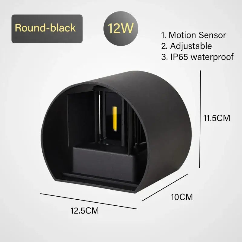 Black round DecorBites LED motion sensor wall lamp 12w power IP65 waterproof for indoor outdoor use