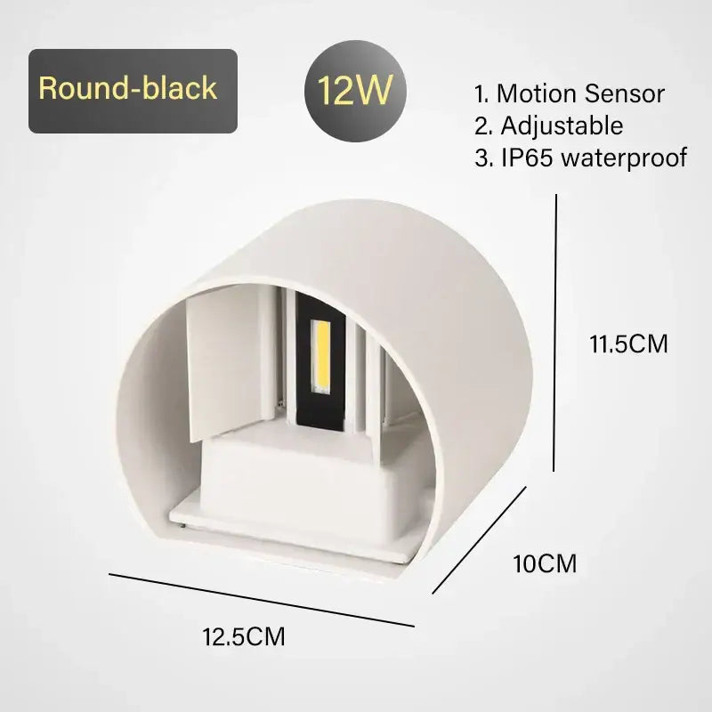 Round black 12w decorbites led motion sensor wall lamp with ip65 waterproof design for outdoor use