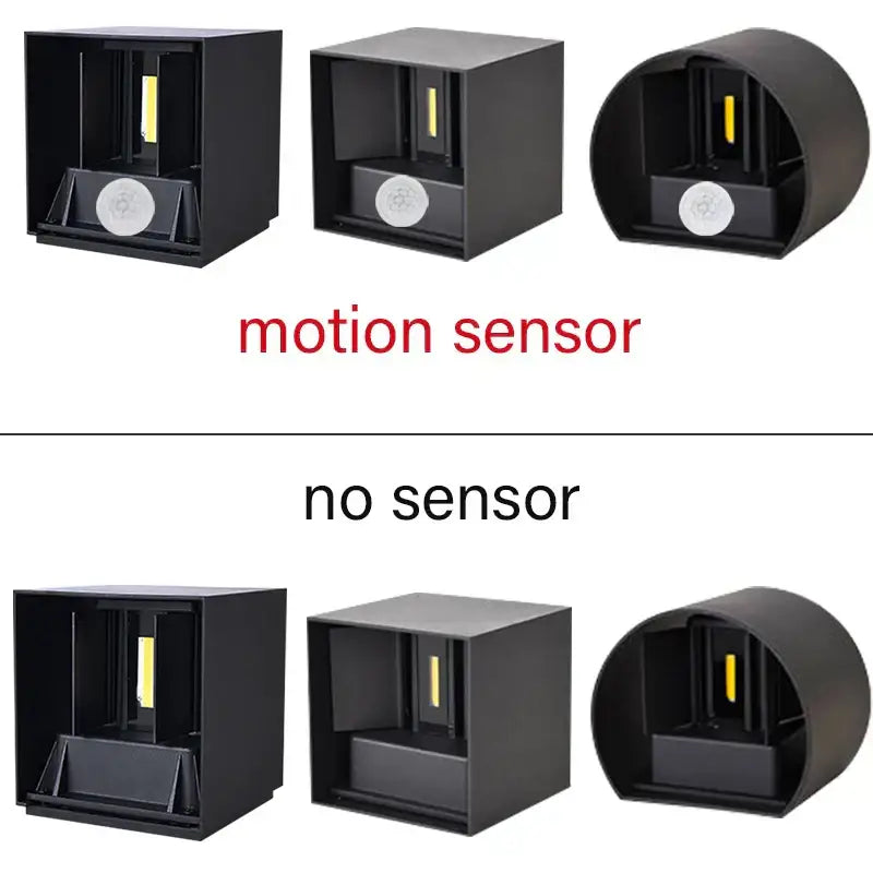 Black square and cylindrical decorbites led motion sensor wall lamp with circular white sensor for indoor outdoor use