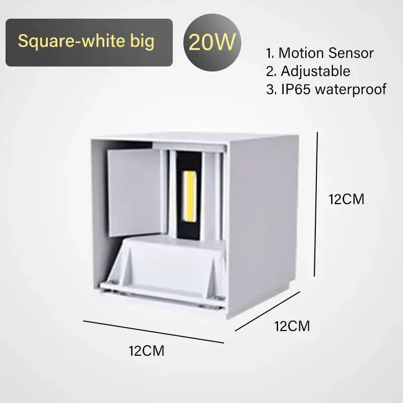 Square white decorbites led motion sensor wall lamp 20w with adjustable design and ip65 waterproof rating for outdoor use