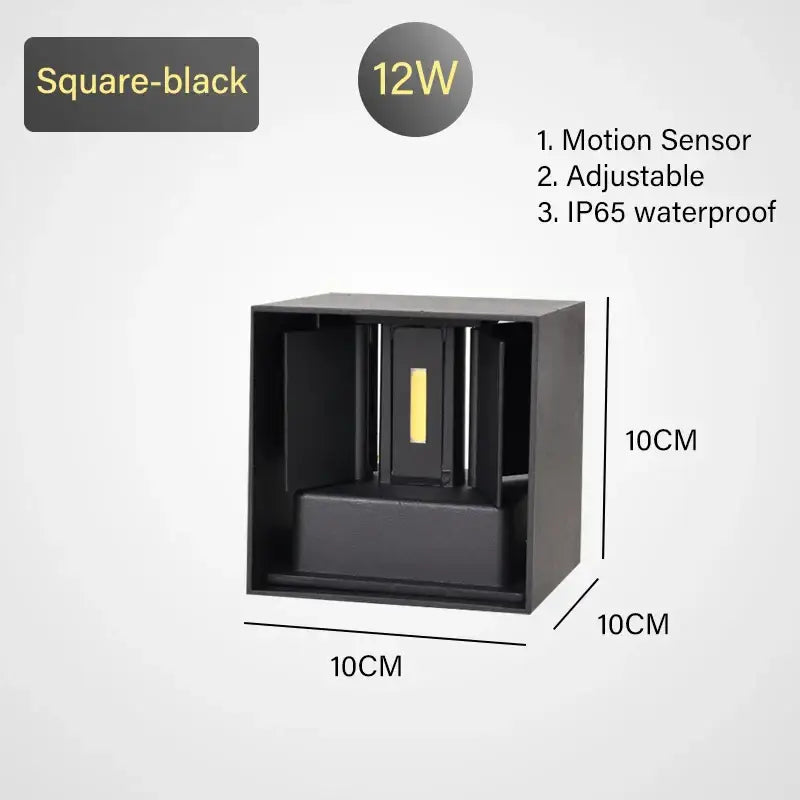 Square black 12w decorbites led motion sensor wall lamp with ip65 waterproof rating for indoor and outdoor use