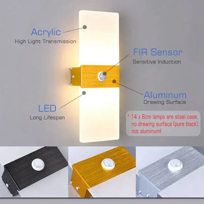 Modern decorbites led motion rectangular wall light with acrylic diffuser and brushed metal frame in black gold or silver finishes