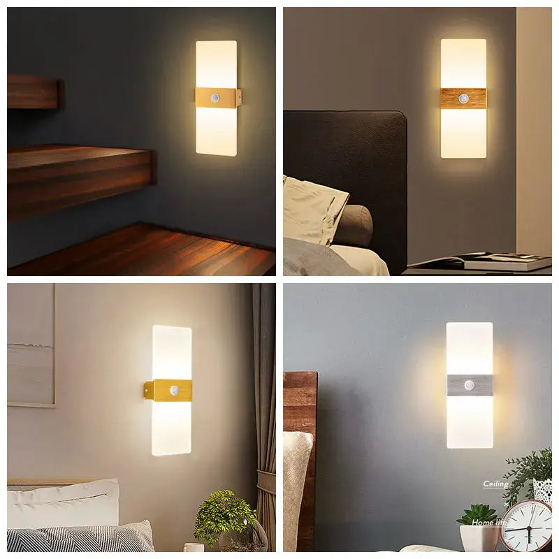Modern rectangular decorbites led motion wall light with frosted glass and wooden accent bar featuring led motion sensor