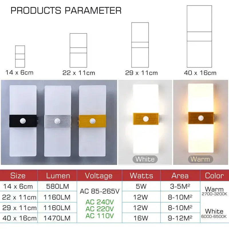 Modern rectangular decorbites led motion wall light with white diffuser and black silver or gold band for hallway use