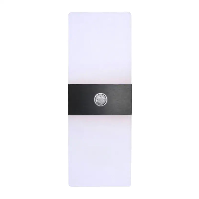 Modern rectangular DecorBites LED motion sensor wall light with white diffuser and black metal band for hallway and bedroom use