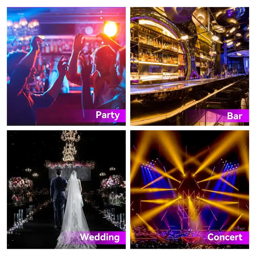 Collage of party bar wedding and concert scenes showcasing decorbites led moving head 19x15w rgbw beam wash light
