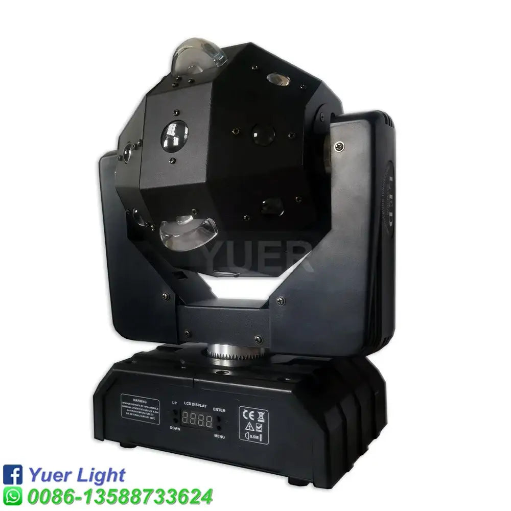 Black yuer light led moving head spotlight with geometric housing and clear lens covers in decorbites moving head ball laser strobe