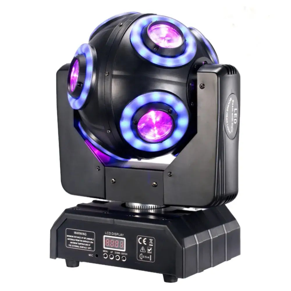 Black decorbites led moving head spotlight with three rotating purple lights encircled by blue leds for stage lighting