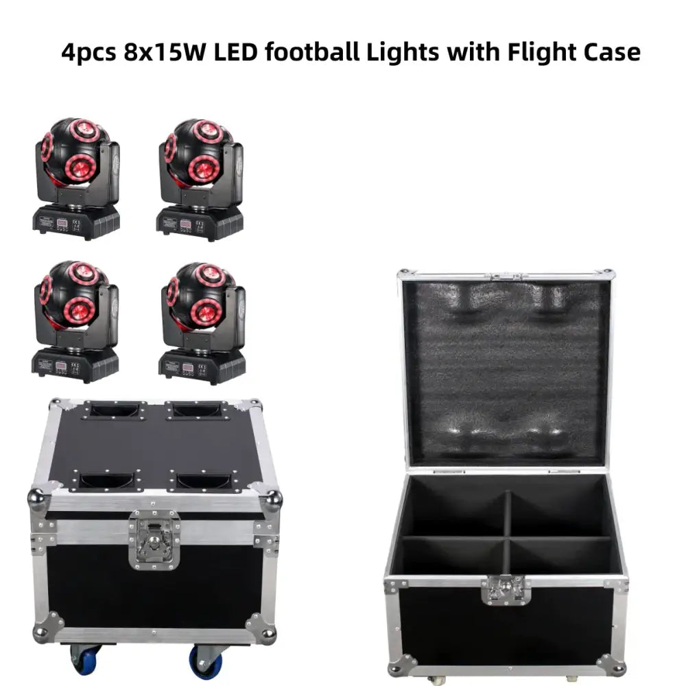 Set of four black decorbites led moving head beam lights with red lenses mounted in a flight case for stage use