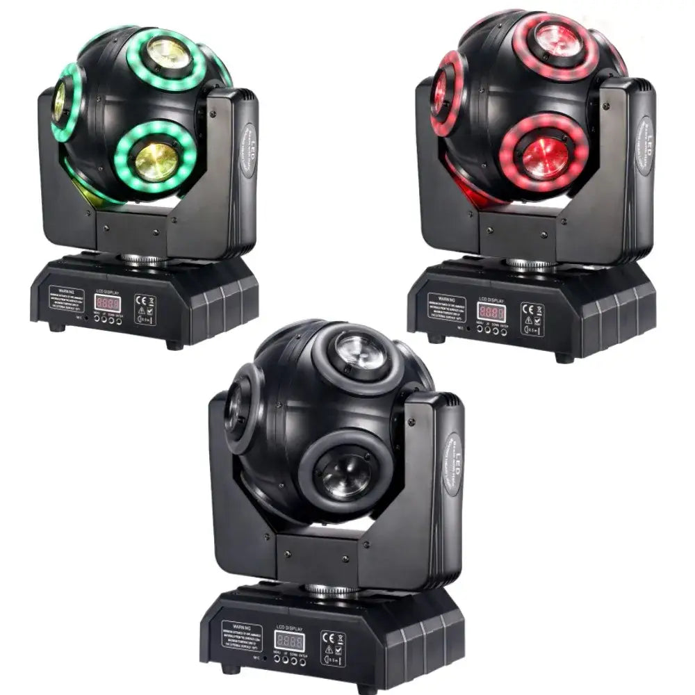 Black decorbites led moving head beam light with rgbw halo featuring circular green and red leds and metallic finish
