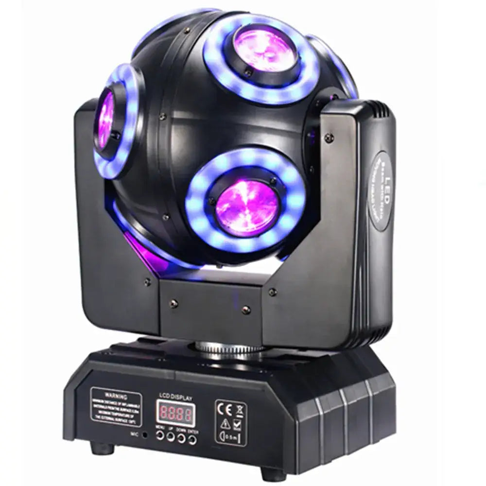 Black decorbites led moving head spotlight with three purple circular fixtures and blue accent rings for stage lighting