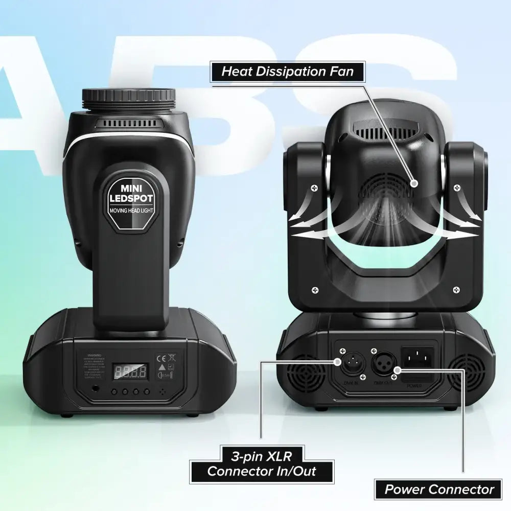 Black decorbites led moving head light with heat dissipation fan and 3-pin xlr connector for events use
